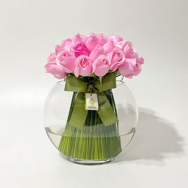 Vaso Folha com Rosa Cor de Rosa - G