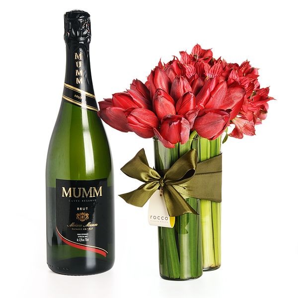 Conjunto Arranjo de Alstromélia e Tulipa com Prosecco - M