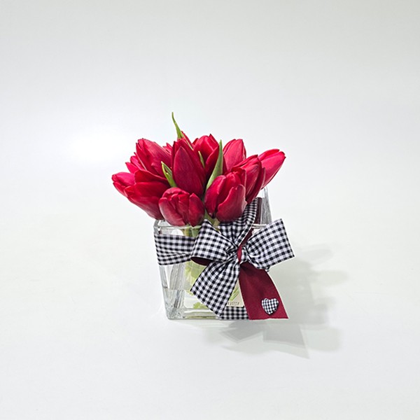 Arranjo de Tulipa Vermelha em Cubo de Vidro - P