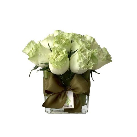 Arranjo de Rosa Verde em Cubo de Vidro - P